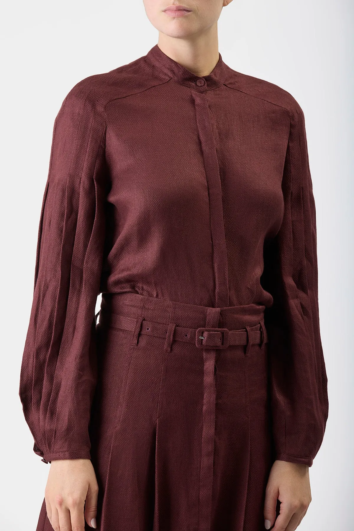 Dugald Pleated Midi Skirt in Deep Bordeaux Linen