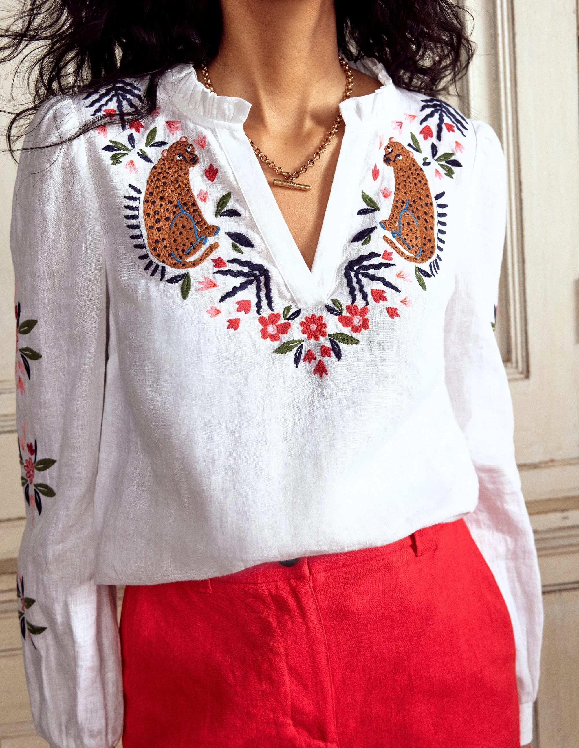 Grace Linen Top-White. Cheetah