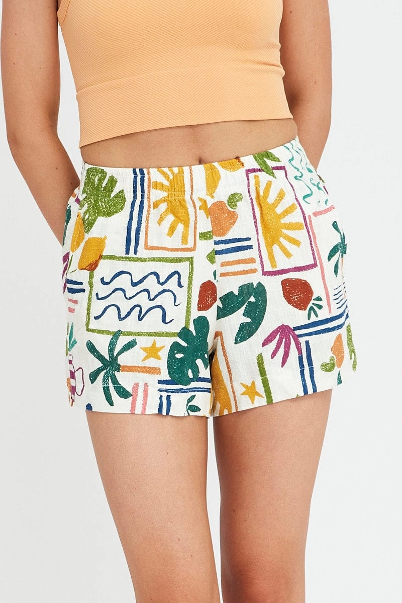 Green Abstract Shorts High Rise Linen Blend