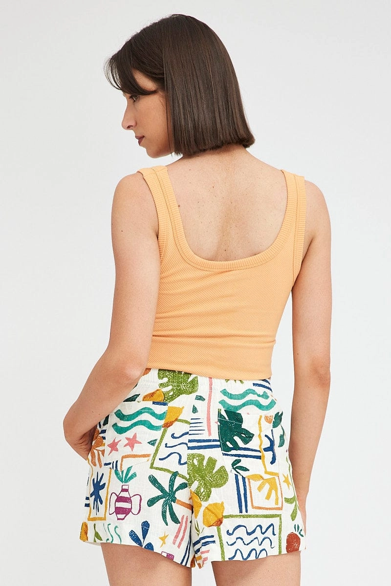 Green Abstract Shorts High Rise Linen Blend