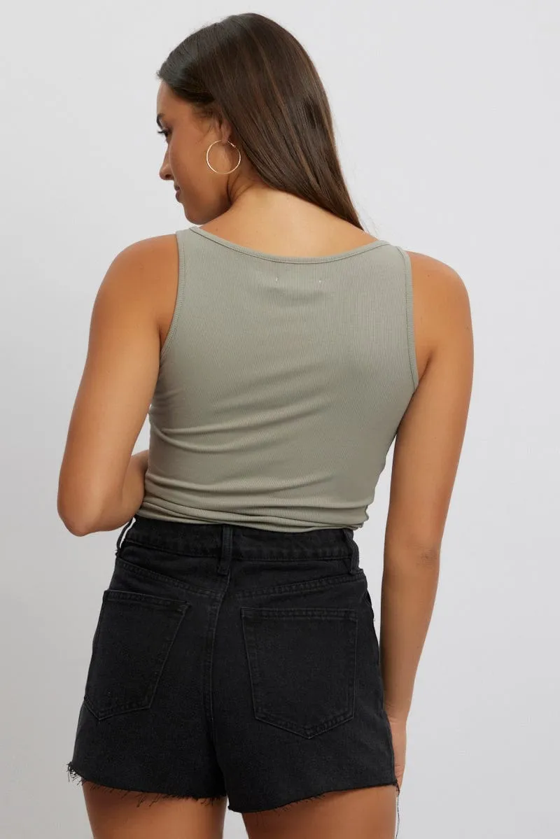 Green Boat Neck Tank Top Rib