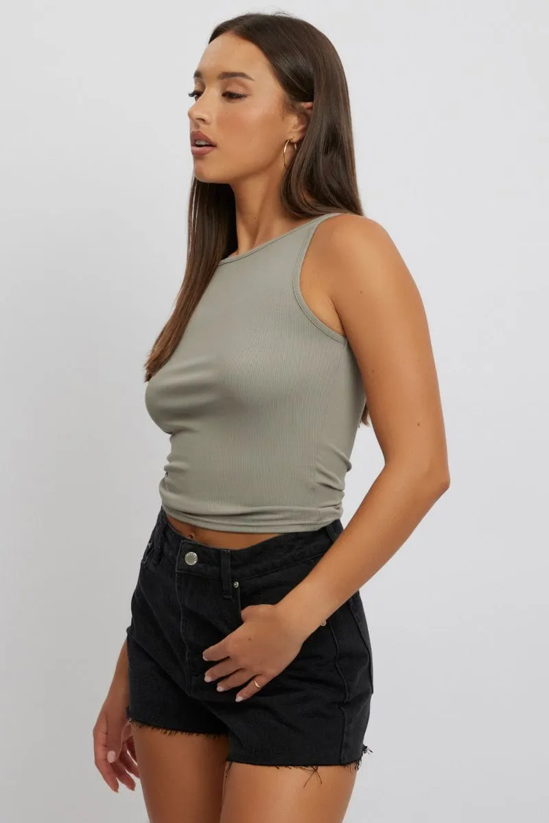 Green Boat Neck Tank Top Rib