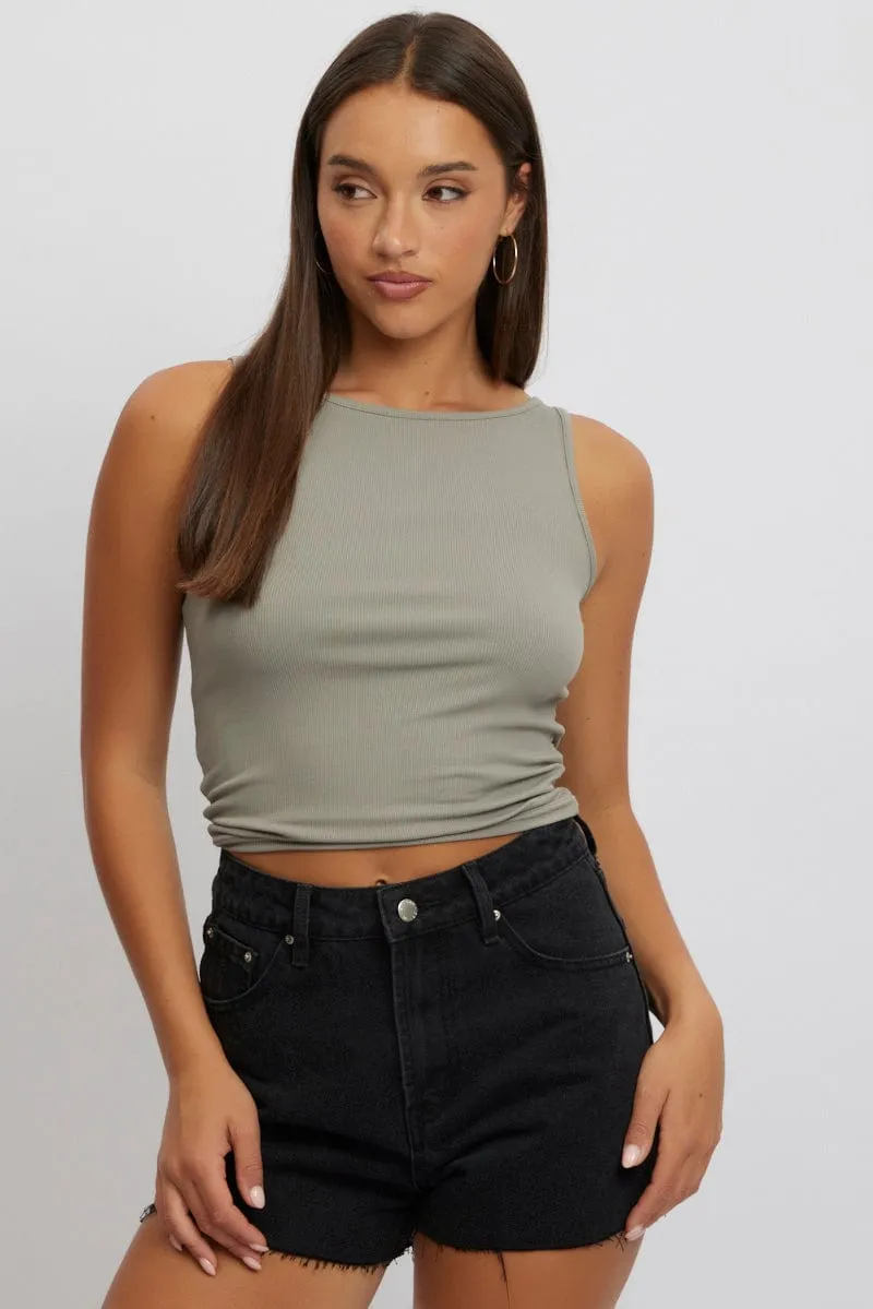 Green Boat Neck Tank Top Rib
