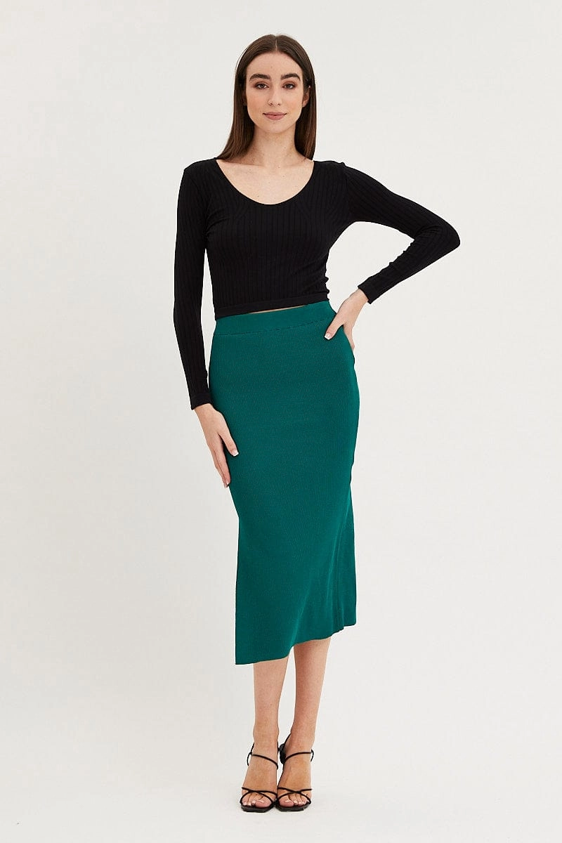 Green Knit Skirt Midi Side Split