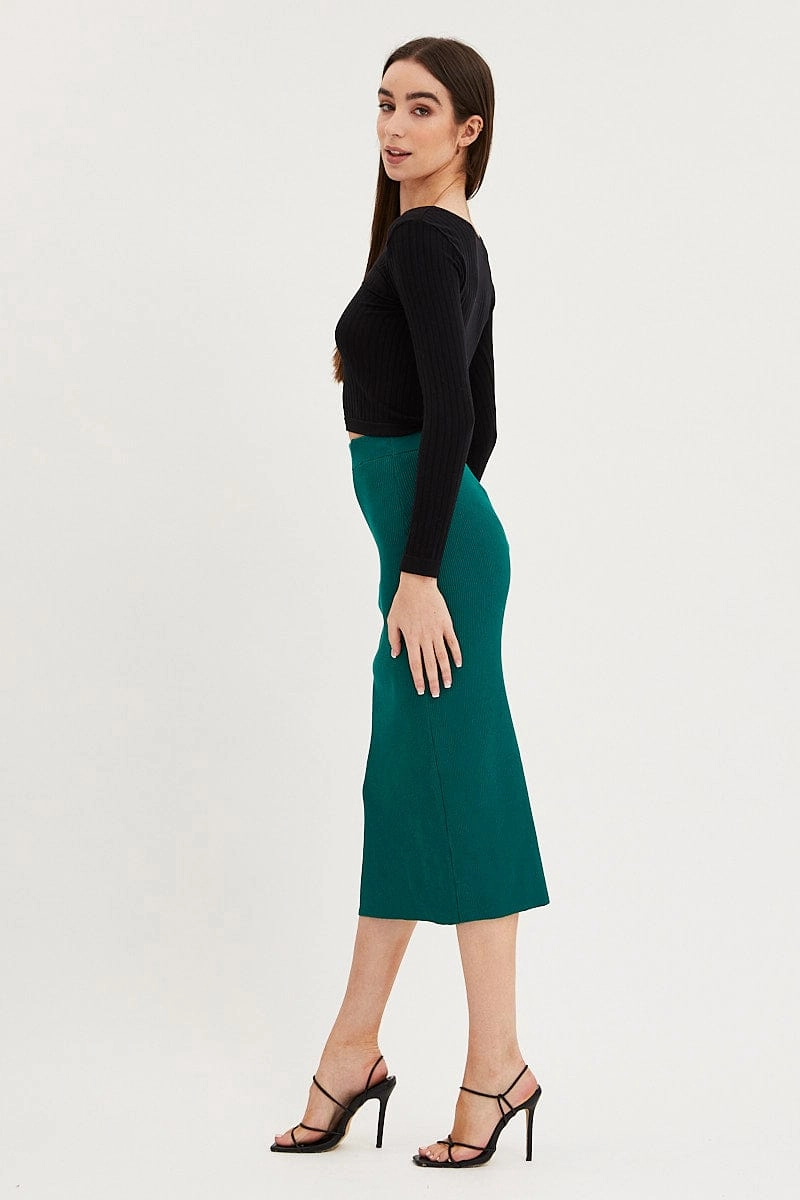 Green Knit Skirt Midi Side Split