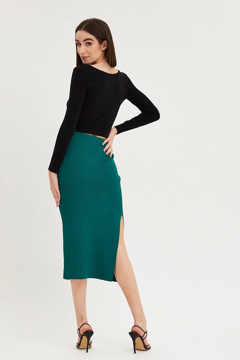 Green Knit Skirt Midi Side Split