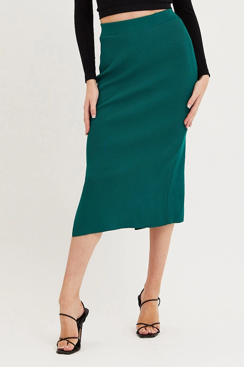 Green Knit Skirt Midi Side Split