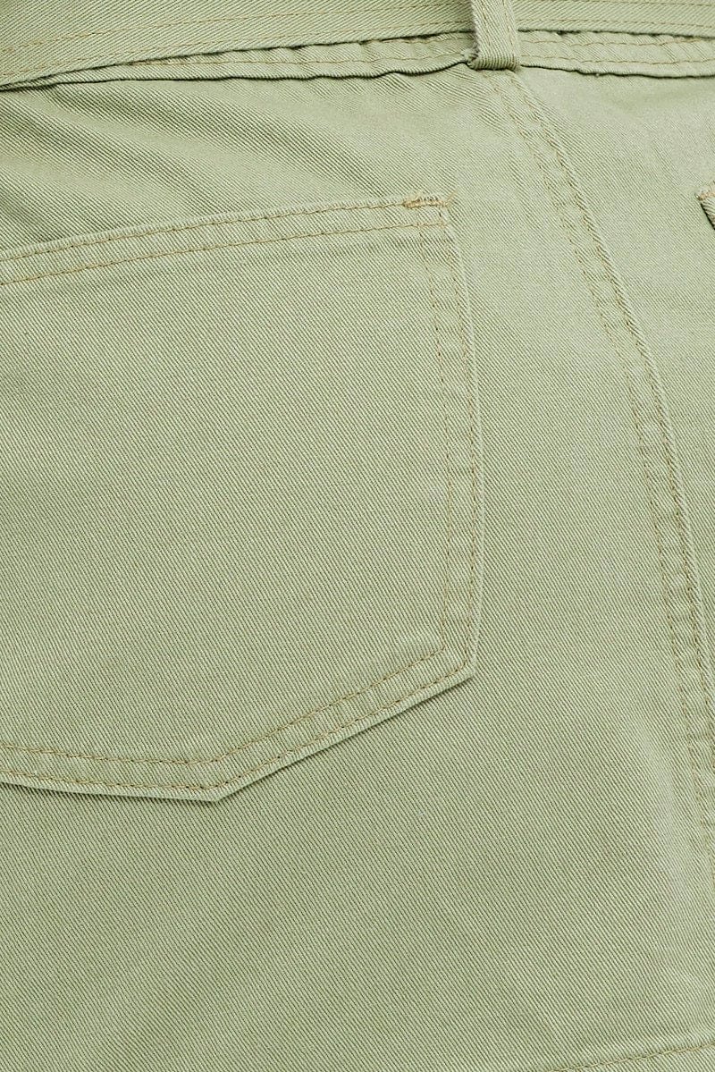 Green Mini Skirt Low Rise Belted Cotton Blend