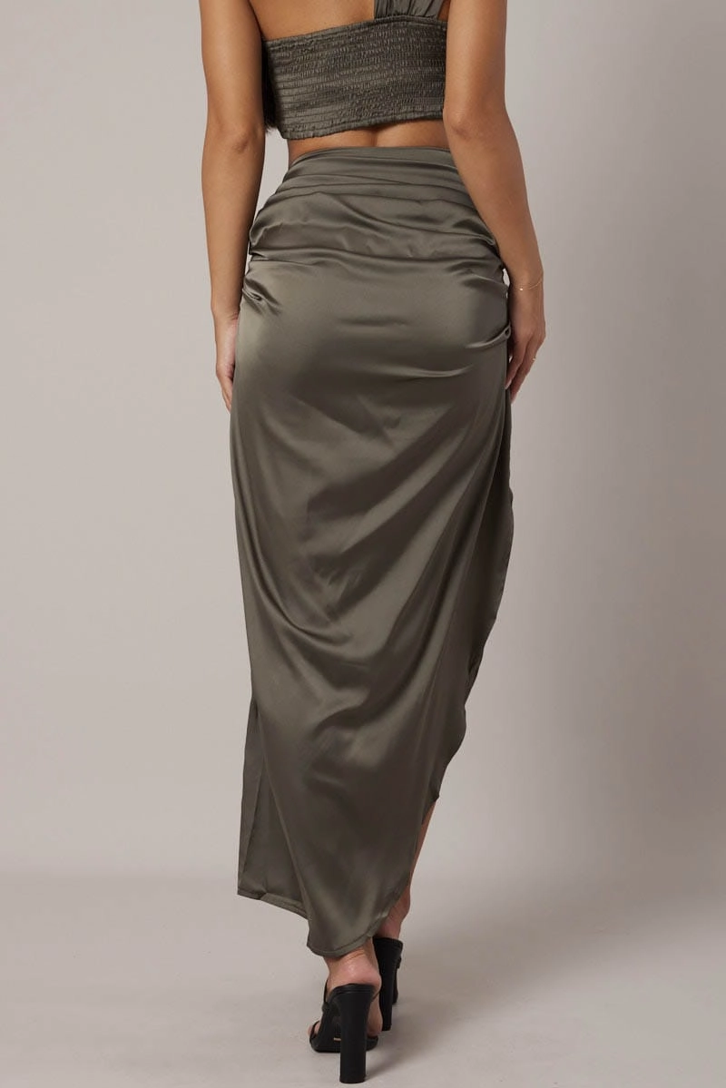 Green Ruched Maxi Skirt Draped Satin Skirt