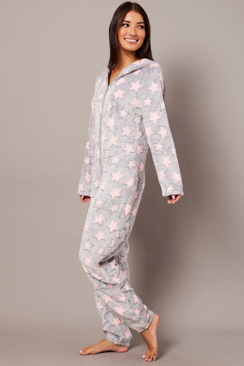 Grey Print Fluffy Pyjama Onesie Star Fleece Nightwear PJ
