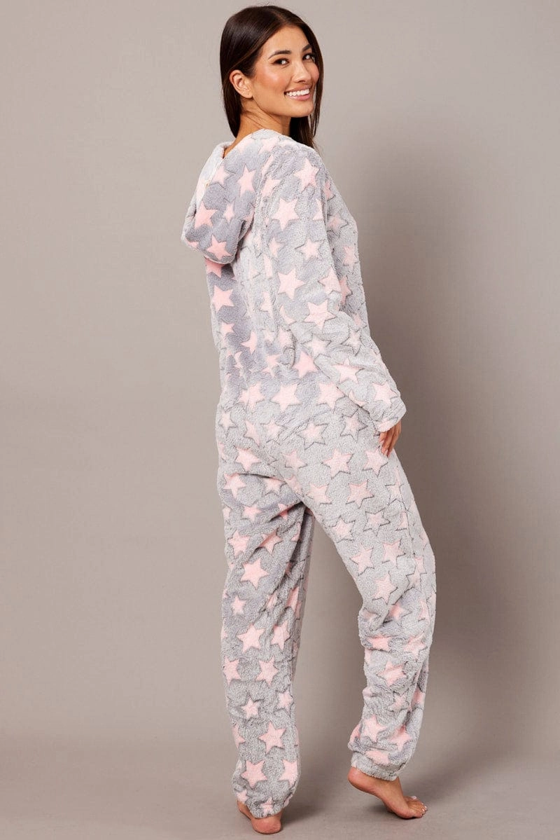 Grey Print Fluffy Pyjama Onesie Star Fleece Nightwear PJ