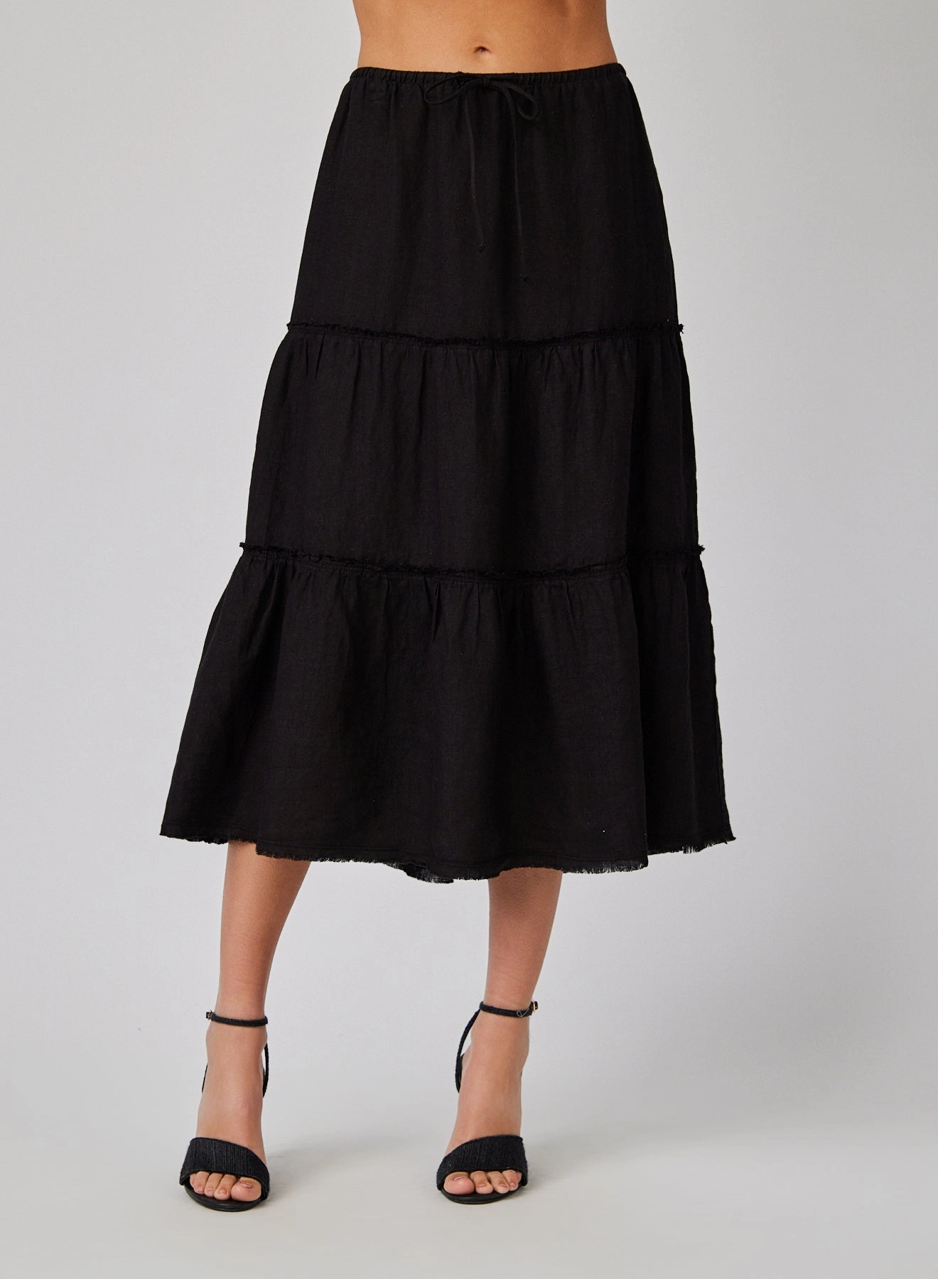 Linen Frayed Tiered Skirt