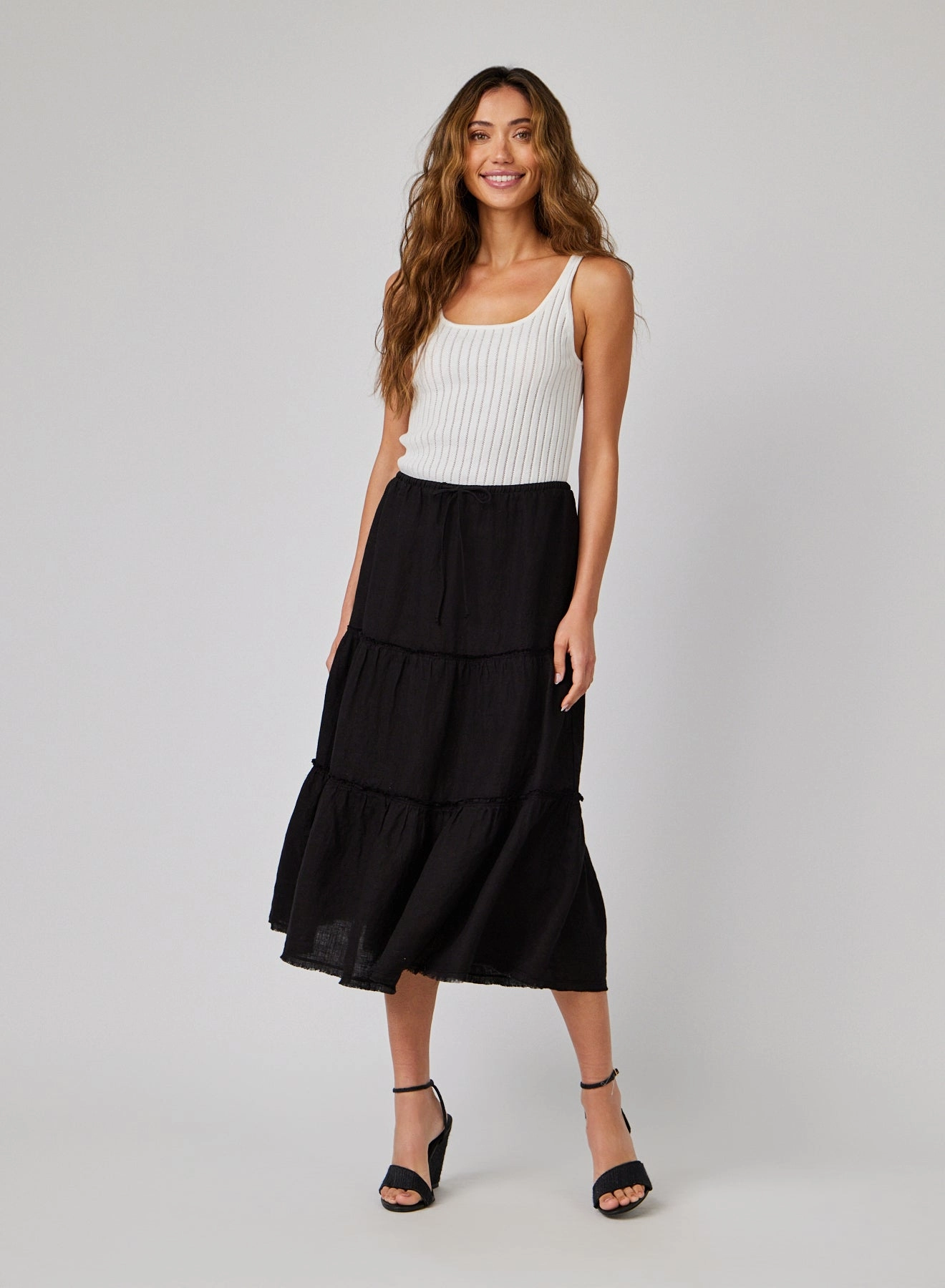 Linen Frayed Tiered Skirt