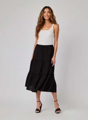 Linen Frayed Tiered Skirt