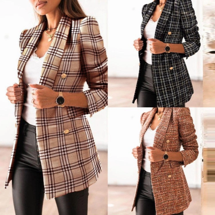 Long Sleeved Double Breasted Suit Collar Printed Small Coat Women's Clothing