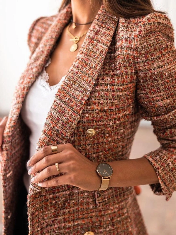Long Sleeved Double Breasted Suit Collar Printed Small Coat Women's Clothing