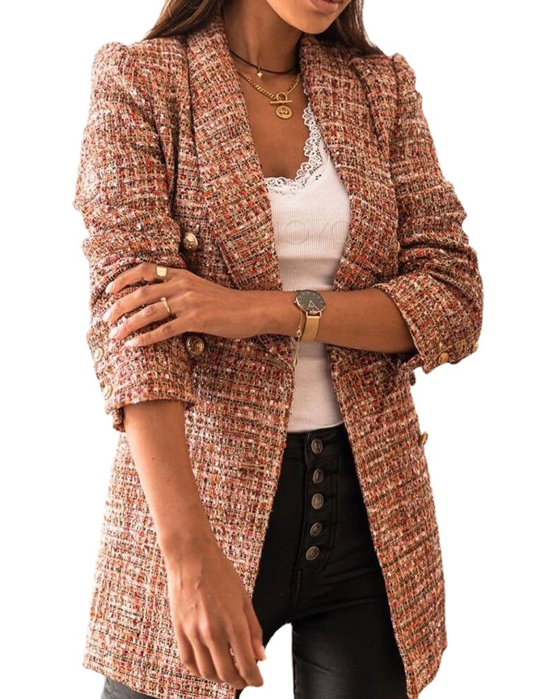 Long Sleeved Double Breasted Suit Collar Printed Small Coat Women's Clothing
