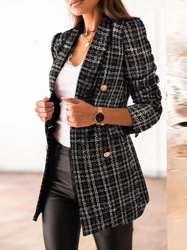 Long Sleeved Double Breasted Suit Collar Printed Small Coat Women's Clothing