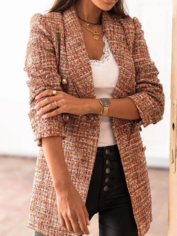 Long Sleeved Double Breasted Suit Collar Printed Small Coat Women's Clothing