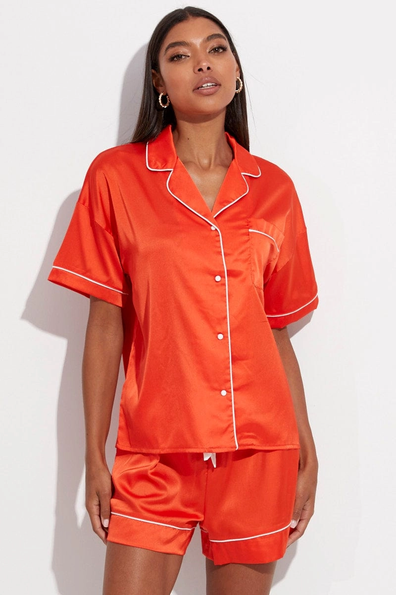 Orange Satin Pj Contrast Piping Button Through Pyjama Set