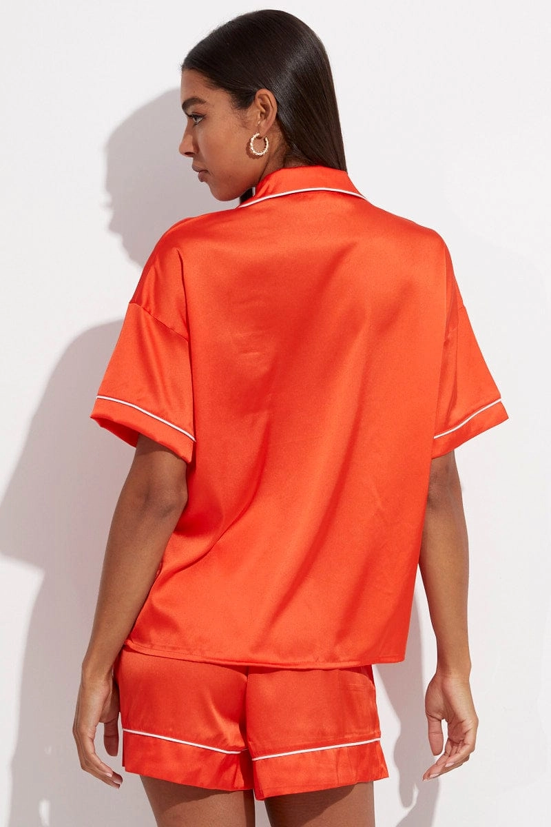 Orange Satin Pj Contrast Piping Button Through Pyjama Set