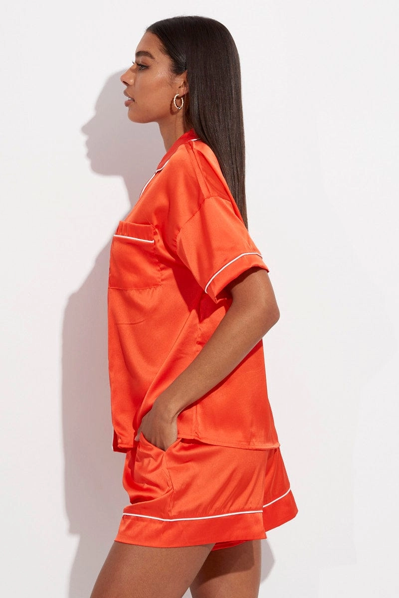 Orange Satin Pj Contrast Piping Button Through Pyjama Set