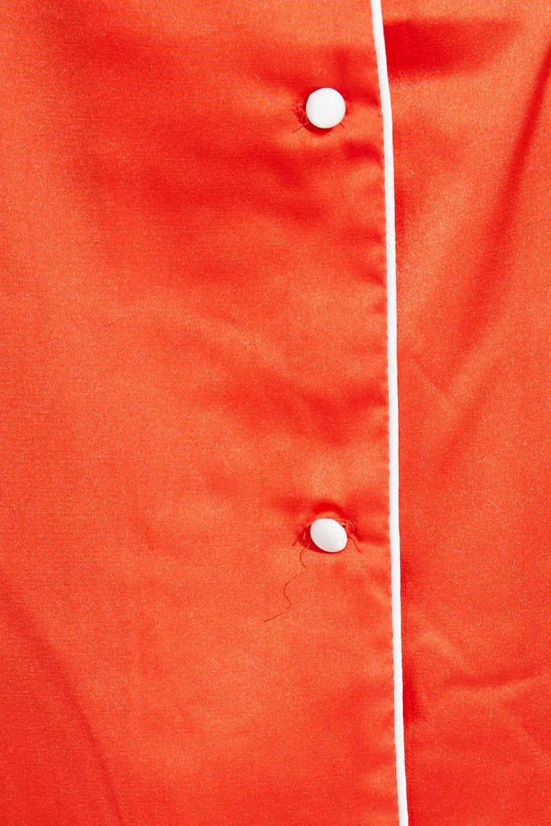 Orange Satin Pj Contrast Piping Button Through Pyjama Set