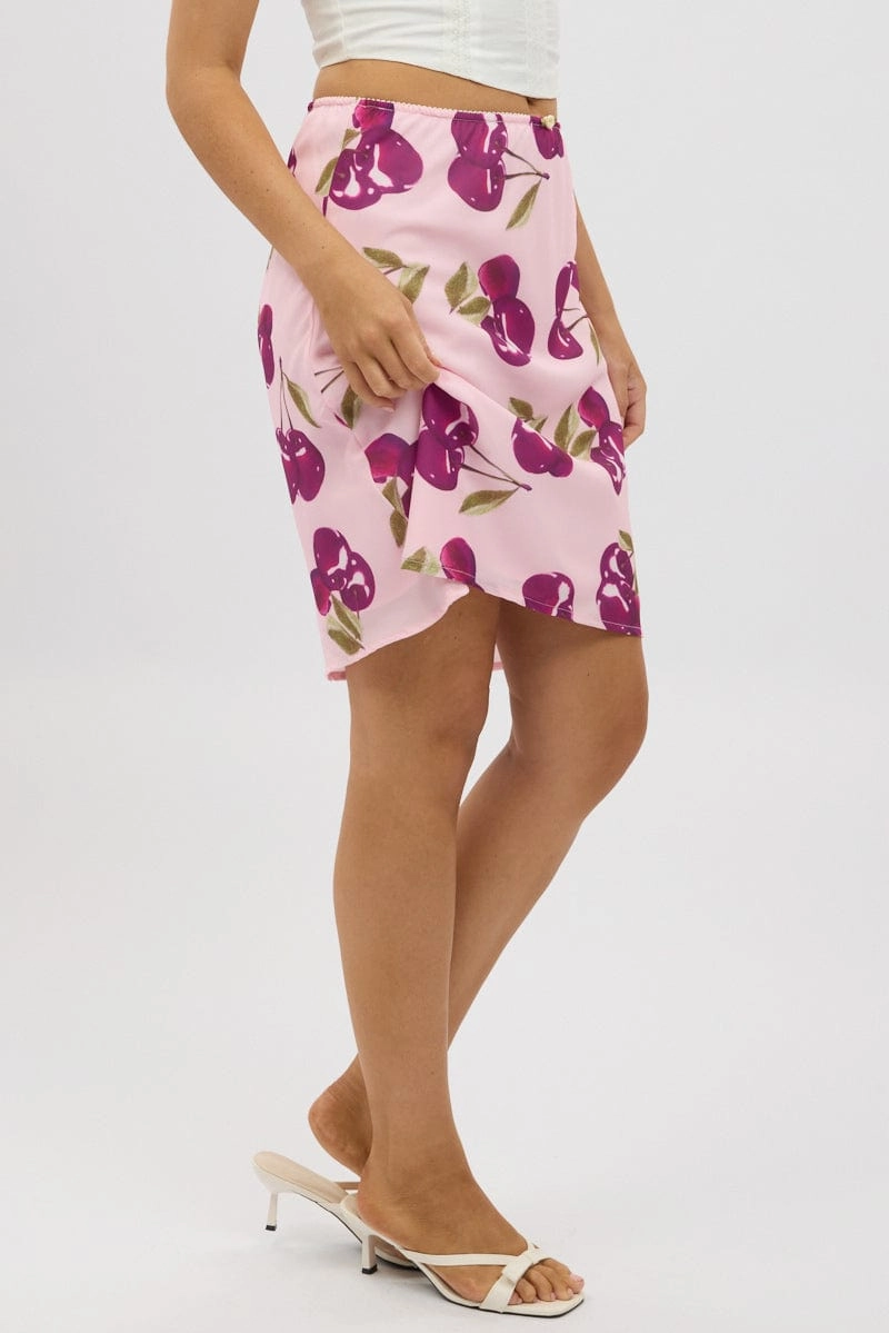 Pink Abstract Picot Trim Midi Skirt Chiffon Lined