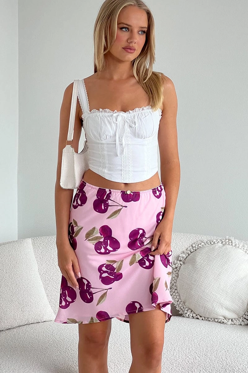 Pink Abstract Picot Trim Midi Skirt Chiffon Lined