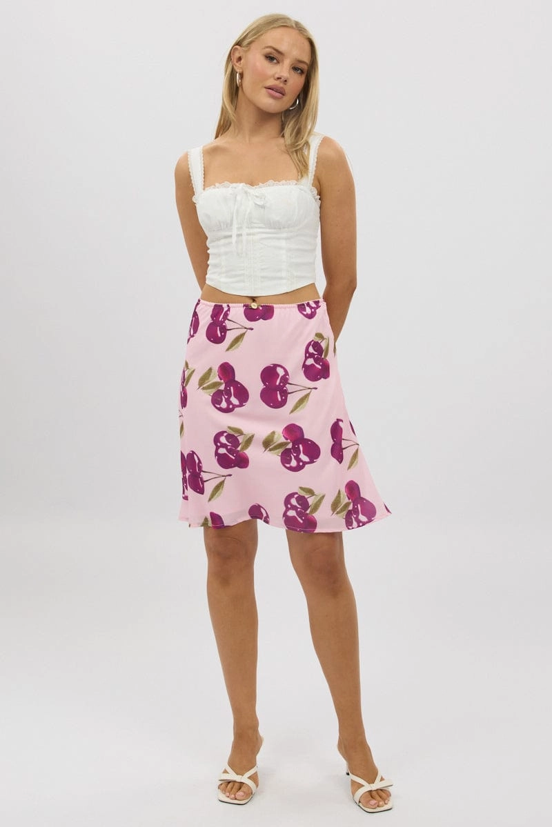 Pink Abstract Picot Trim Midi Skirt Chiffon Lined