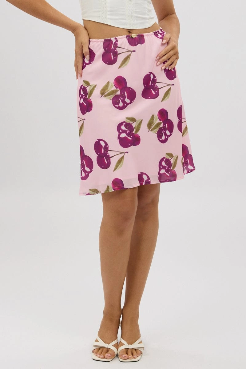 Pink Abstract Picot Trim Midi Skirt Chiffon Lined