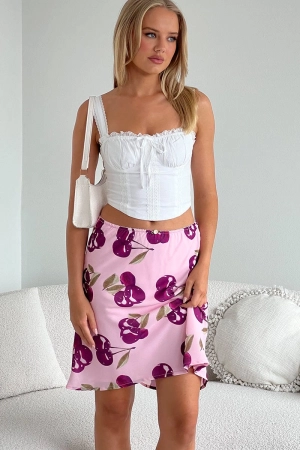 Pink Abstract Picot Trim Midi Skirt Chiffon Lined
