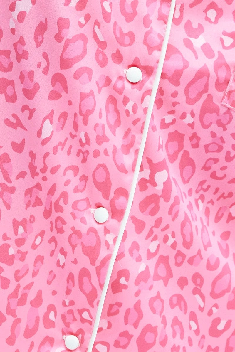 Pink Animal Print Leopard PJ Satin Contrast Piping Pyjama Set