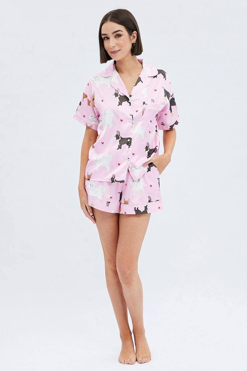 Pink Print Mixed Dogs Pj Satin Piping Detail Pyjama Set
