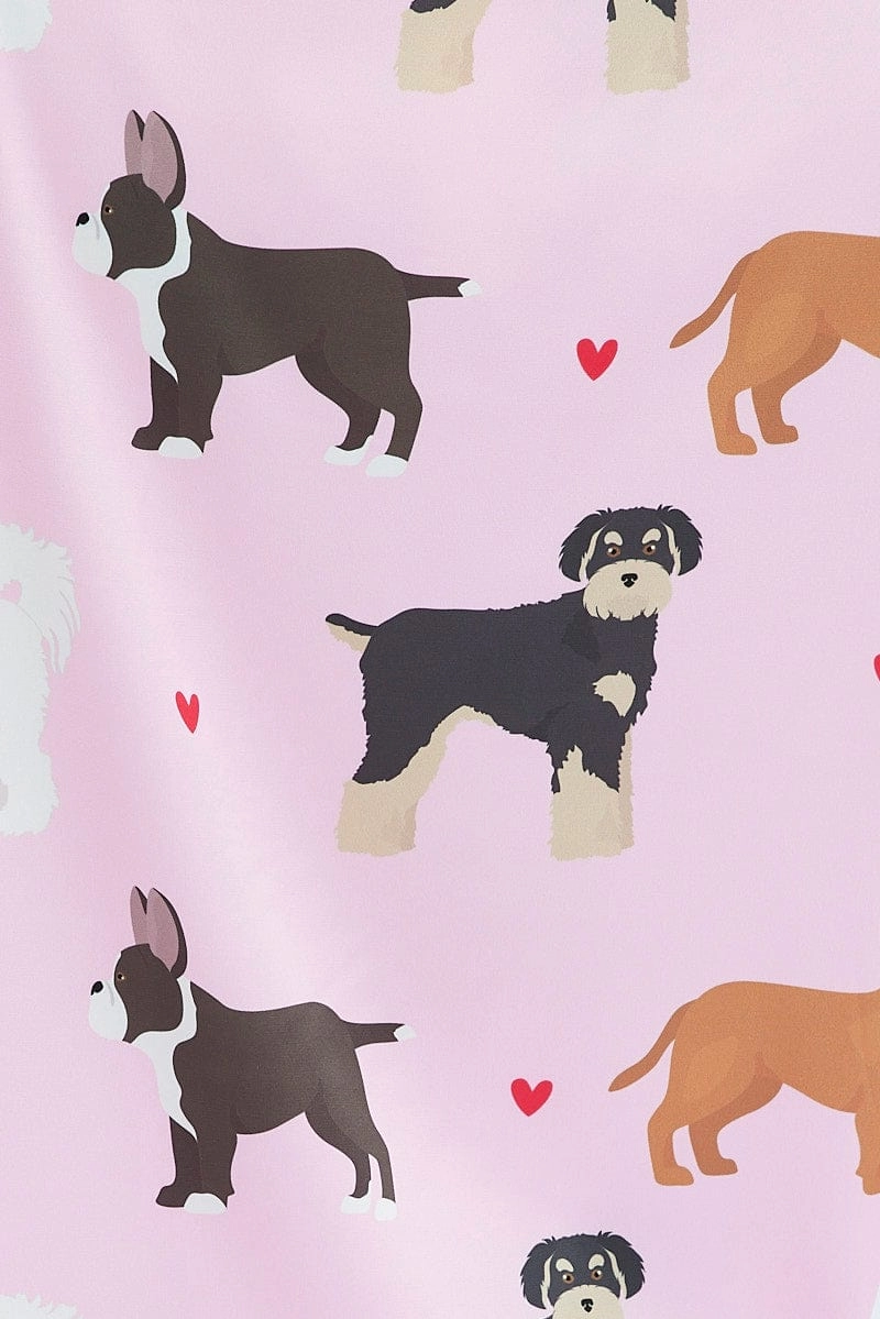 Pink Print Mixed Dogs Pj Satin Piping Detail Pyjama Set