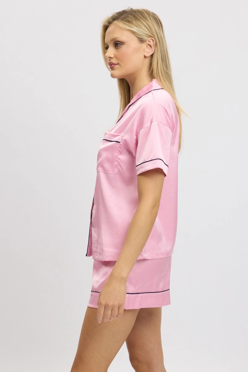 Pink Satin Pyjamas Set Short Sleeve