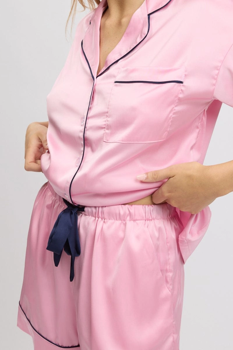 Pink Satin Pyjamas Set Short Sleeve