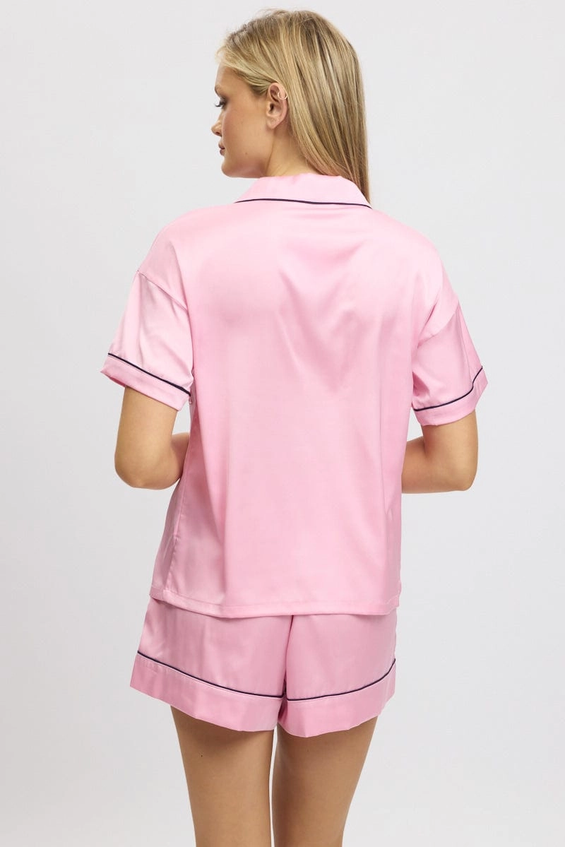 Pink Satin Pyjamas Set Short Sleeve