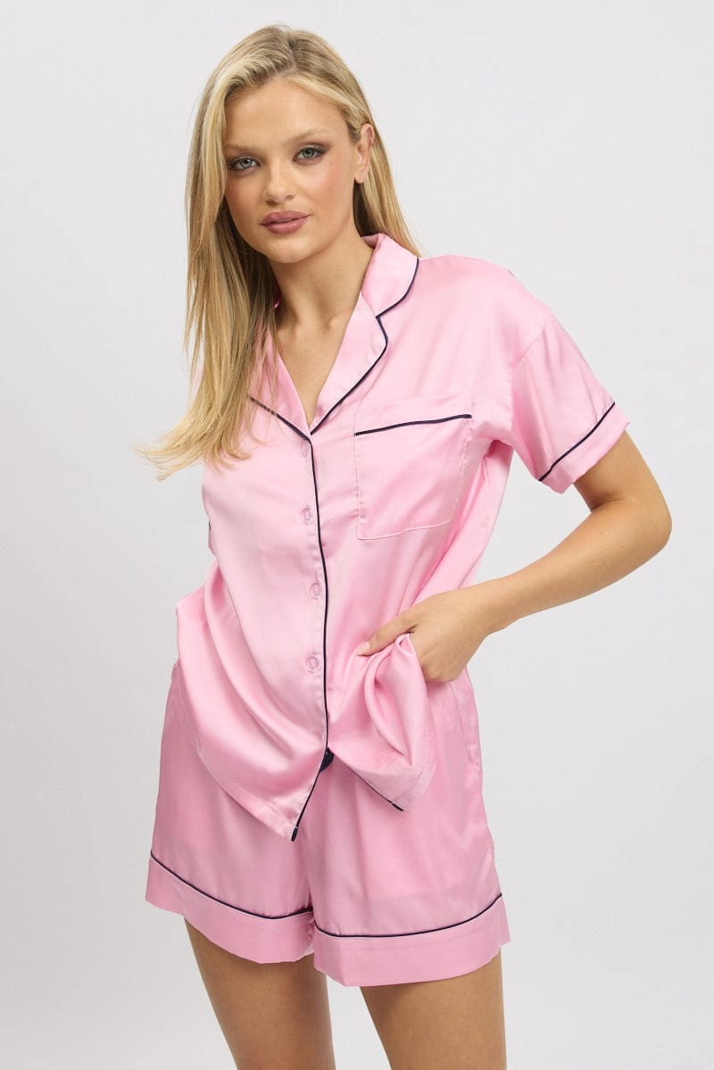 Pink Satin Pyjamas Set Short Sleeve
