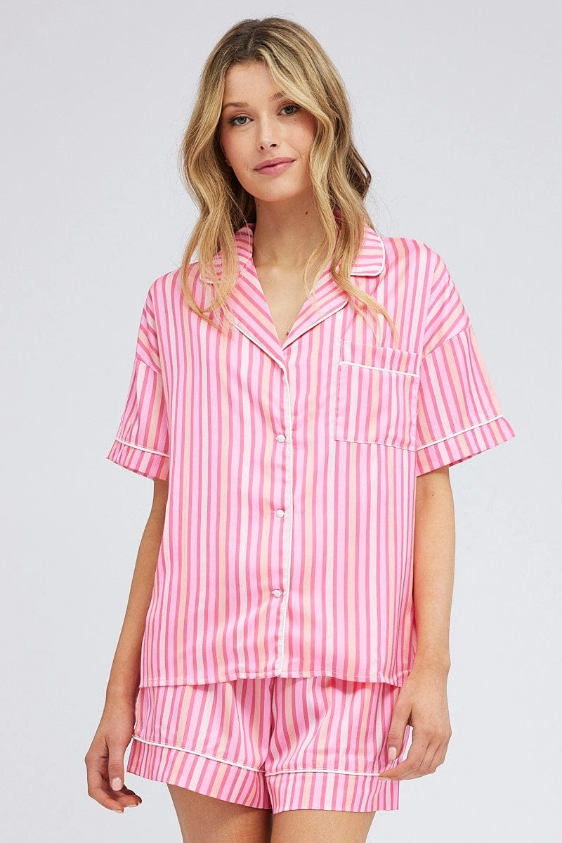 Pink Stripe Stripe PJ Satin Contrast Piping Pyjama Set