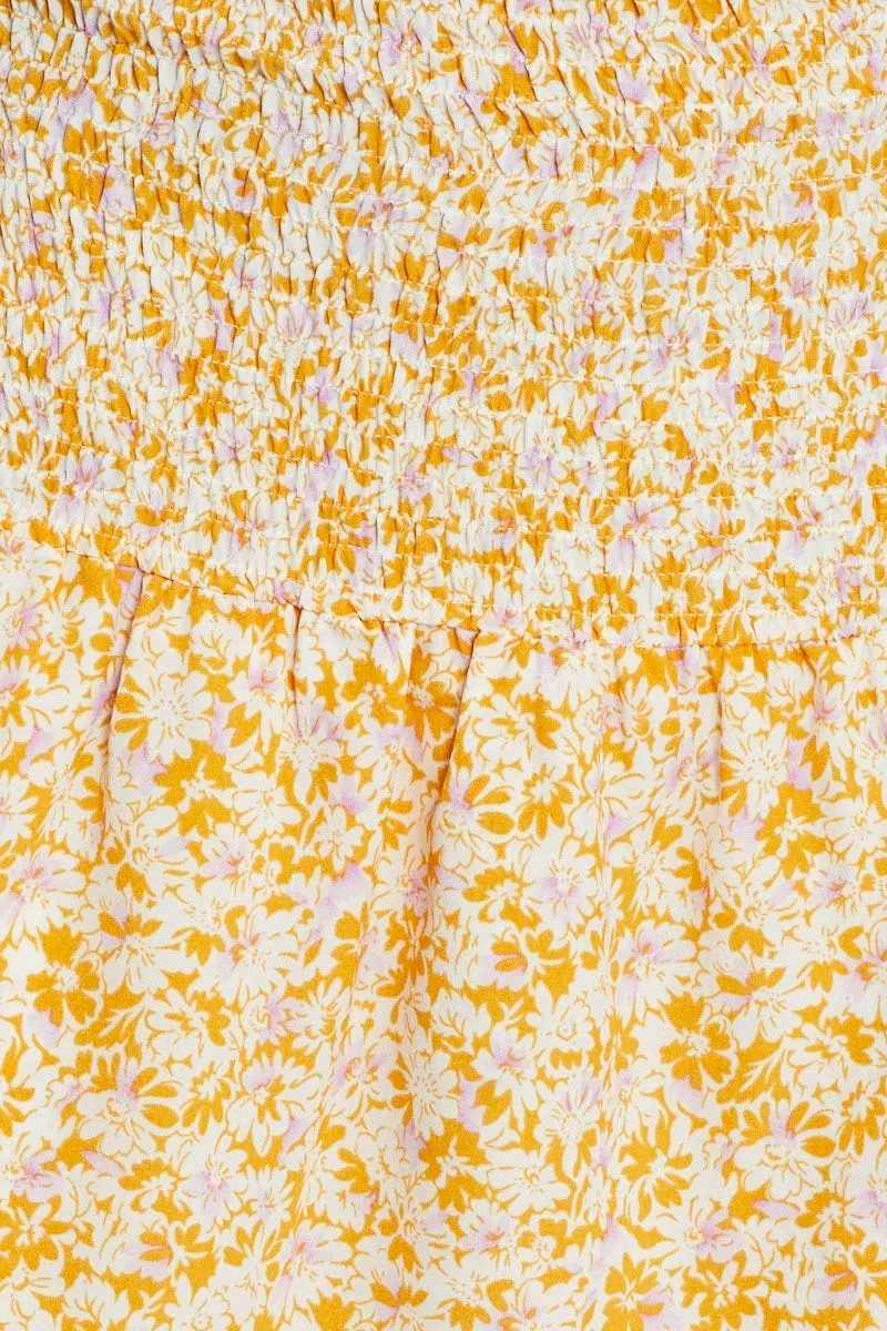 Print Shirred Waist Skater Skirt