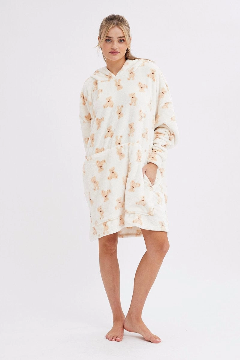 Print Teddy Bear Fluffy Cosy Blanket Hoodie PJ