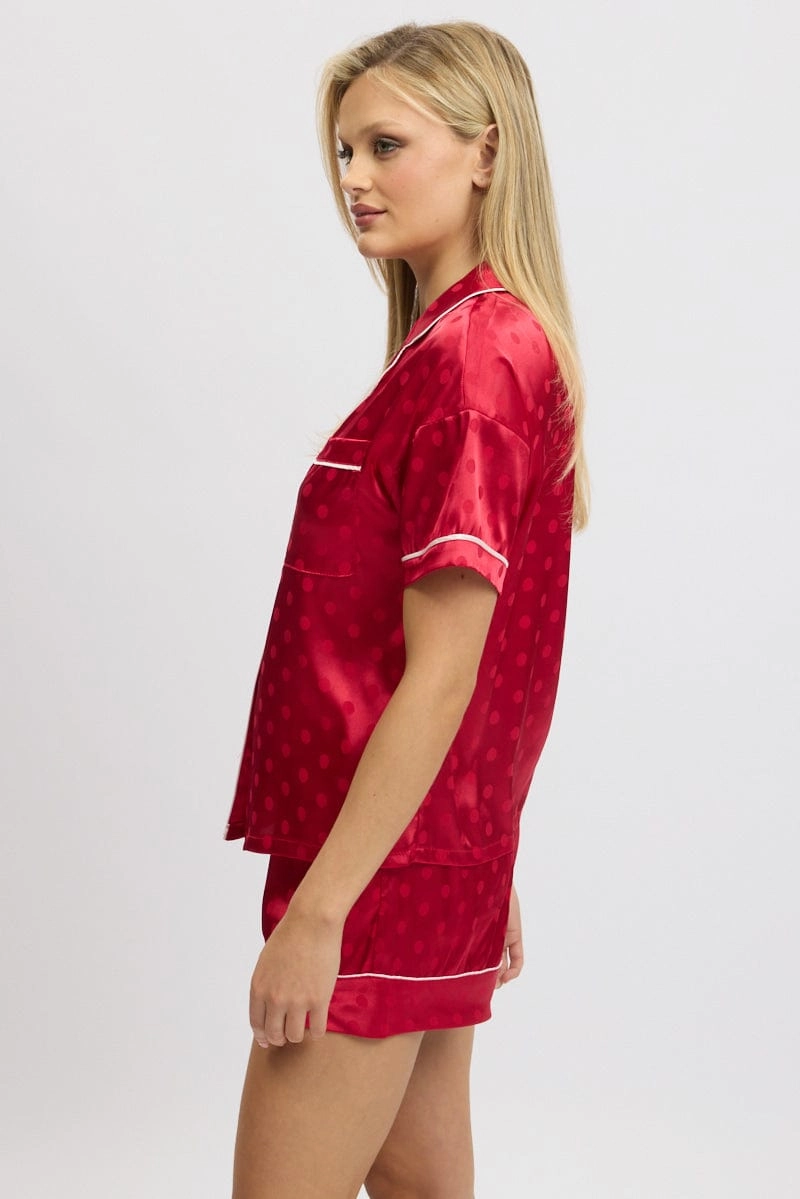 Red Satin Pyjamas Set Short Sleeve