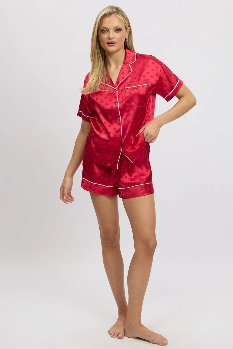 Red Satin Pyjamas Set Short Sleeve