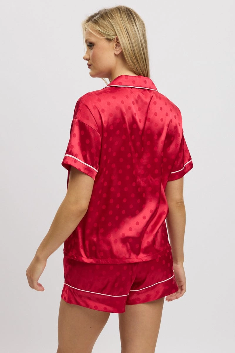 Red Satin Pyjamas Set Short Sleeve