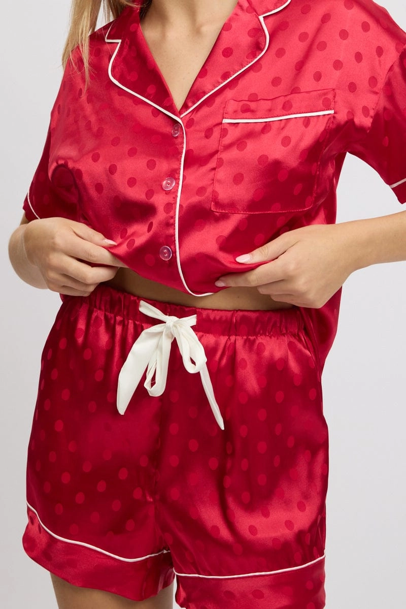 Red Satin Pyjamas Set Short Sleeve