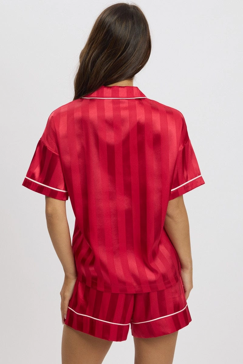 Red Stripe Satin Pajamas Set Short Sleeve