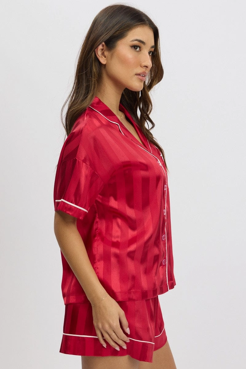 Red Stripe Satin Pajamas Set Short Sleeve