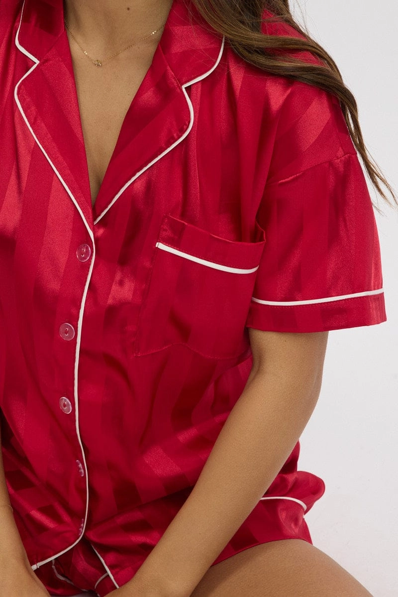 Red Stripe Satin Pajamas Set Short Sleeve