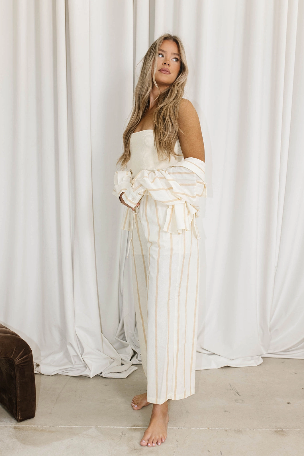 Sicily Button-Down Top in Beige Stripe - Nursing Friendly
